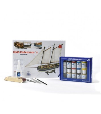 Gift Pack with Ship Model, Paints and Tools: Captain's Longboat HMS Endeavour