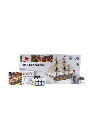 Gift Pack with Ship Model, Figures, Paints and LED Lightning: HMS Endeavour
