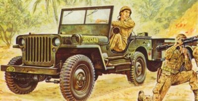Zoom bild av WILLYS MB JEEP MED VAGN & 3 FIGURER. SKALA 1/35. 140mm.