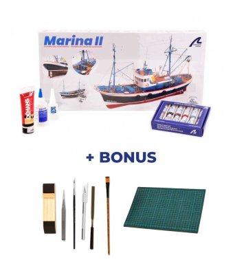 Zoom bild av Tonfiskbåt Marina II. Presentförpackning med modell, färger och verktyg. TRÄBYGGSATS