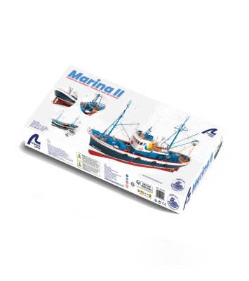 Zoom bild av Tonfiskbåt Marina II. Presentförpackning med modell, färger och verktyg. TRÄBYGGSATS